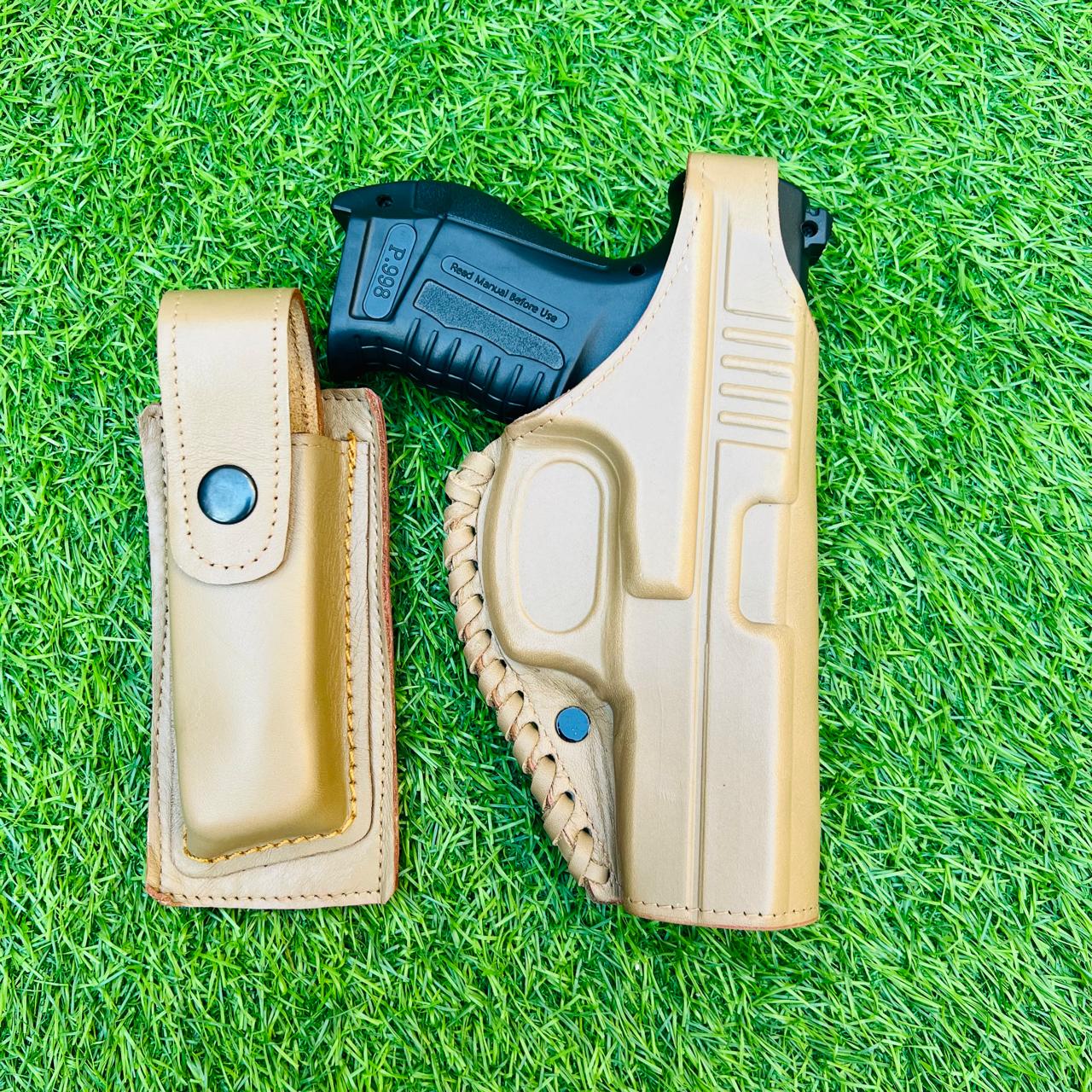 "Premium Cow Leather Pistol Cover with Magazine Holder – Secure, Durable & Stylish"