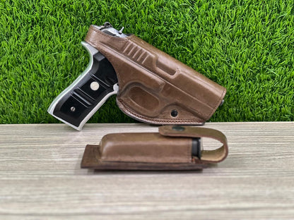 "Premium Cow Leather Pistol Cover with Magazine Holder – Secure, Durable & Stylish"