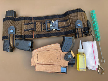 Premium Leather Pistol Belt Set – Securely Holds 1 Pistol, 2 Magazines & License | Includes Leather Holster, Mag Cover & Cleaning Kit