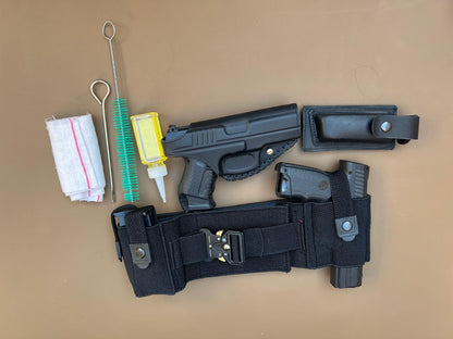 Premium Leather Pistol Belt Set – Securely Holds 1 Pistol, 2 Magazines & License | Includes Leather Holster, Mag Cover & Cleaning Kit