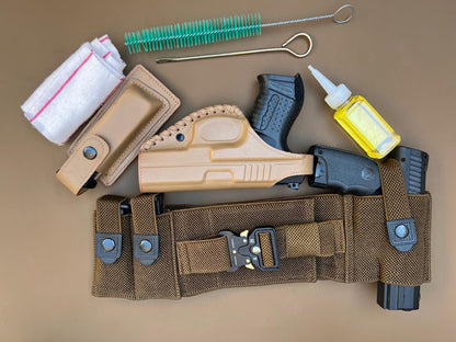 Premium Leather Pistol Belt Set – Securely Holds 1 Pistol, 2 Magazines & License | Includes Leather Holster, Mag Cover & Cleaning Kit