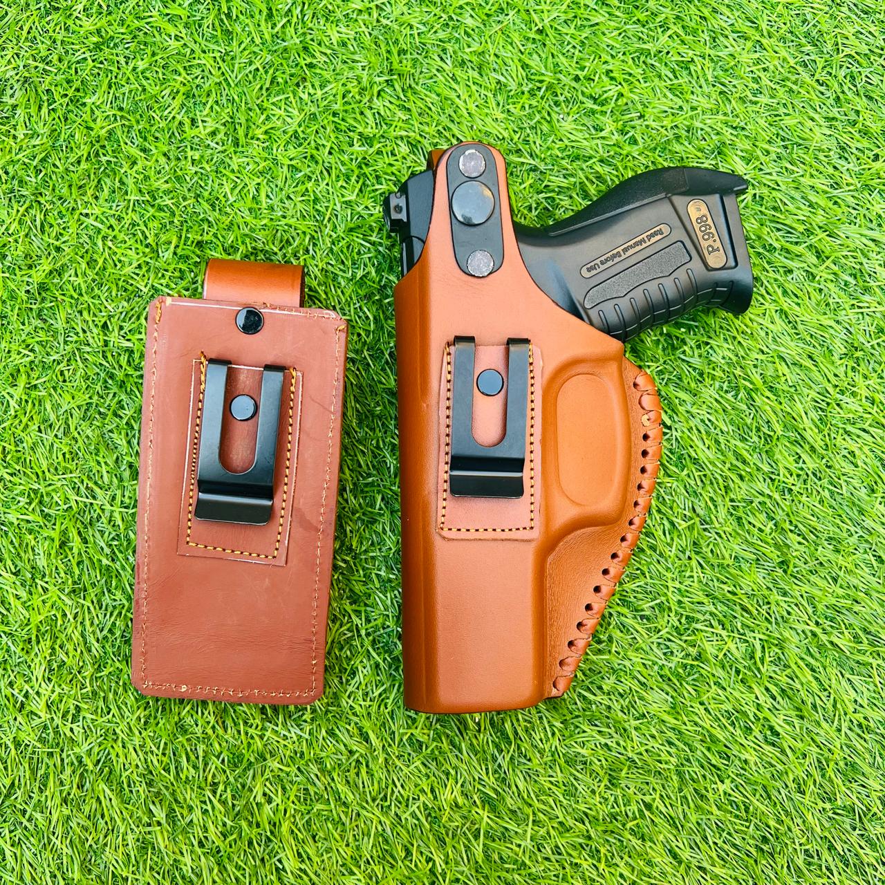 "Premium Cow Leather Pistol Cover with Magazine Holder – Secure, Durable & Stylish"