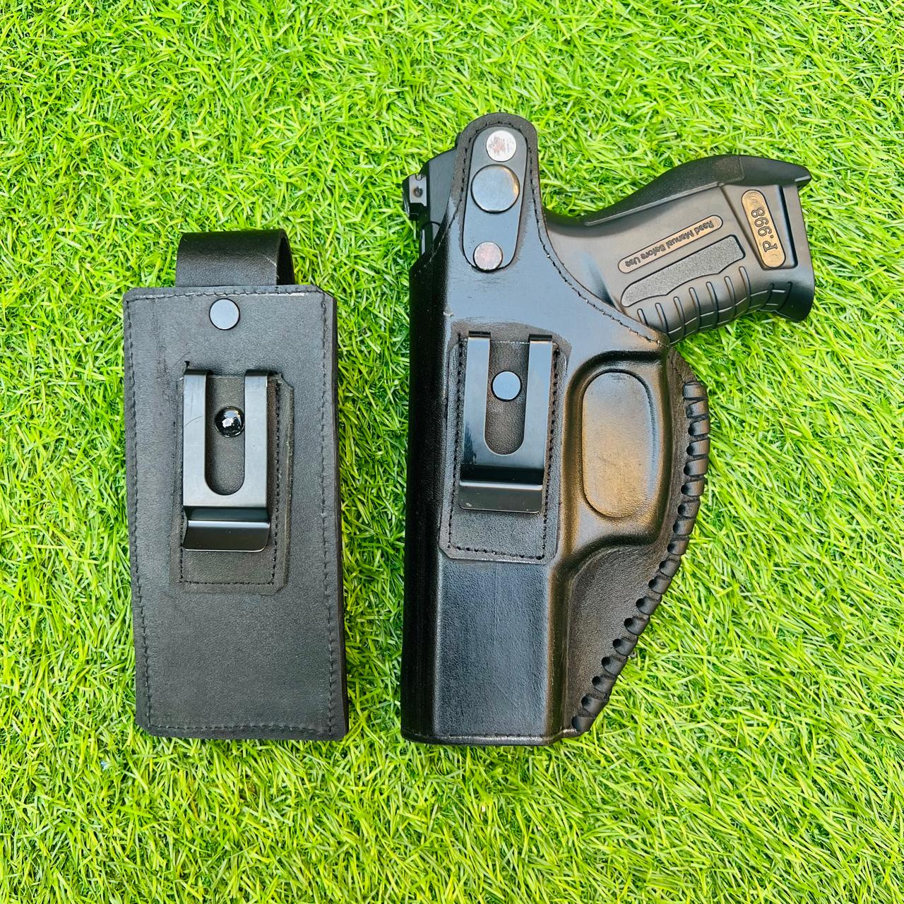 "Premium Cow Leather Pistol Cover with Magazine Holder – Secure, Durable & Stylish"