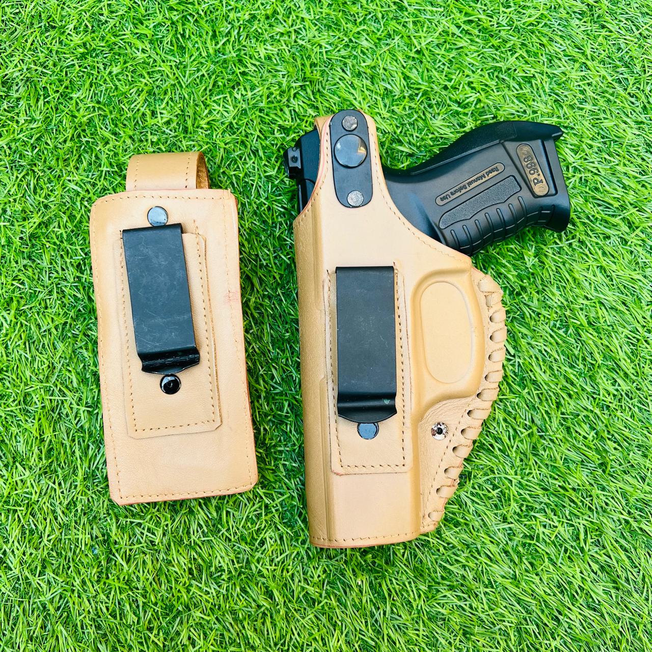 "Premium Cow Leather Pistol Cover with Magazine Holder – Secure, Durable & Stylish"