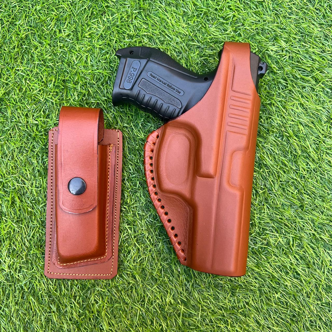 "Premium Cow Leather Pistol Cover with Magazine Holder – Secure, Durable & Stylish"