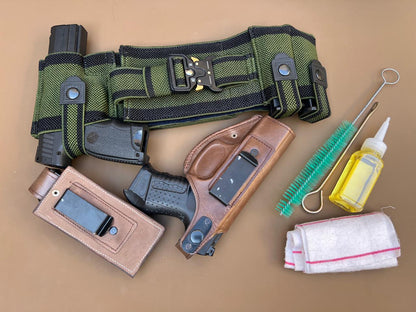 Premium Leather Pistol Belt Set – Securely Holds 1 Pistol, 2 Magazines & License | Includes Leather Holster, Mag Cover & Cleaning Kit